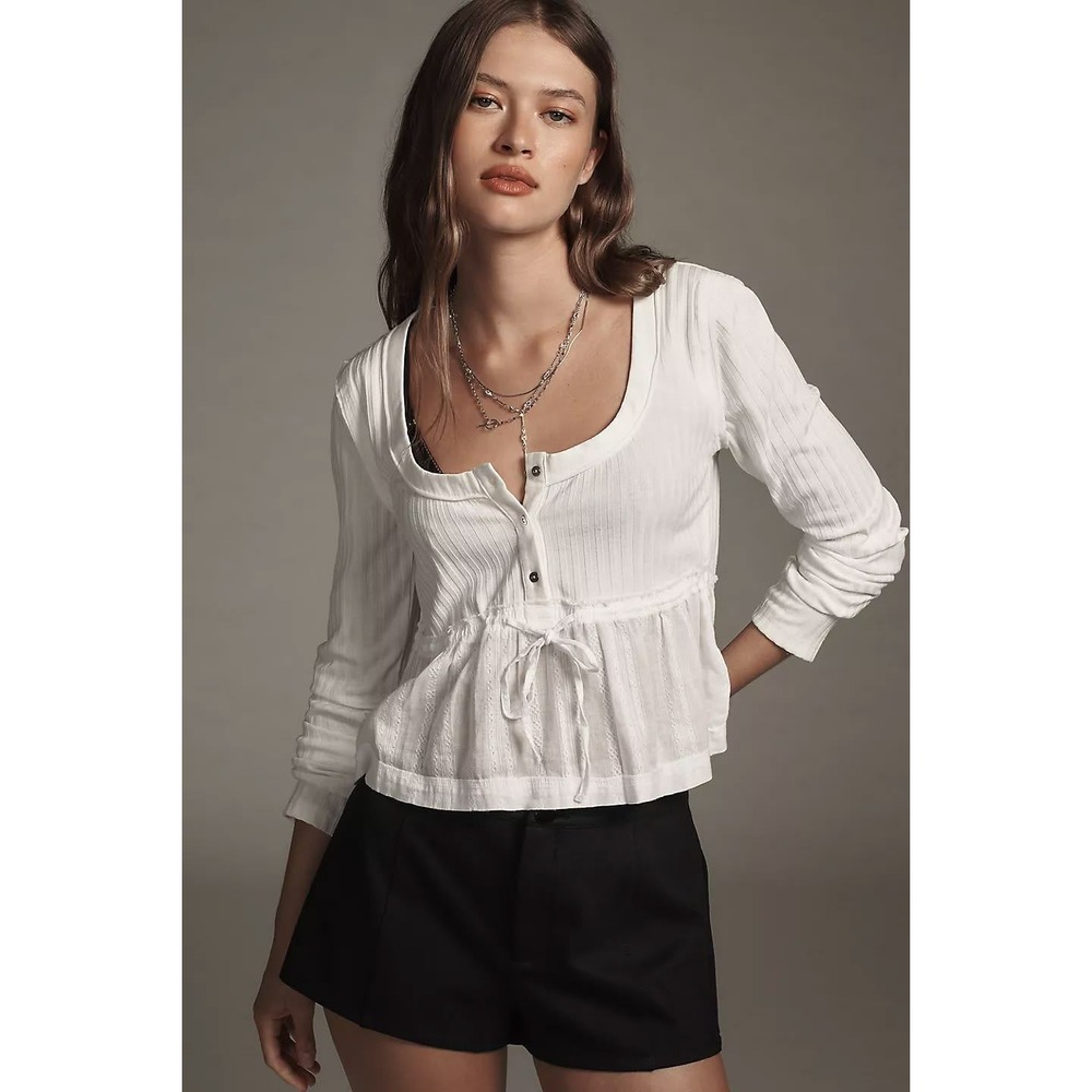 Anthropologie Pilcro Scoop-Neck Babydoll Top M Ribbed Eyelet Long Sleeve White